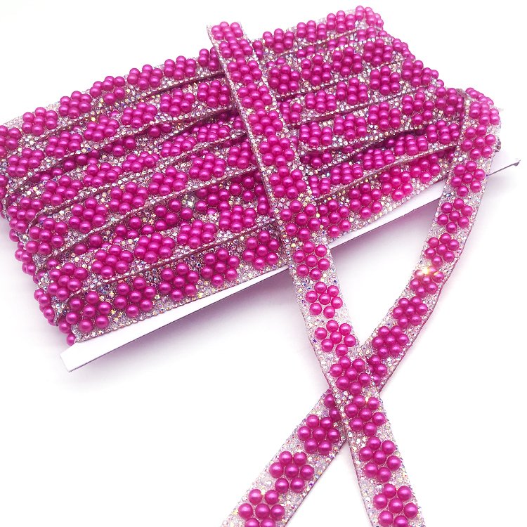 New designs 2025 gel-back rhinestone pearl design trim in Fuchsia color for dress collocation crafting