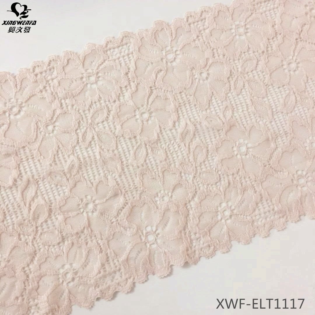 Good soft quality wedding dress lace trim skin color Pretty Floral Elastic Stretch Lace fabric