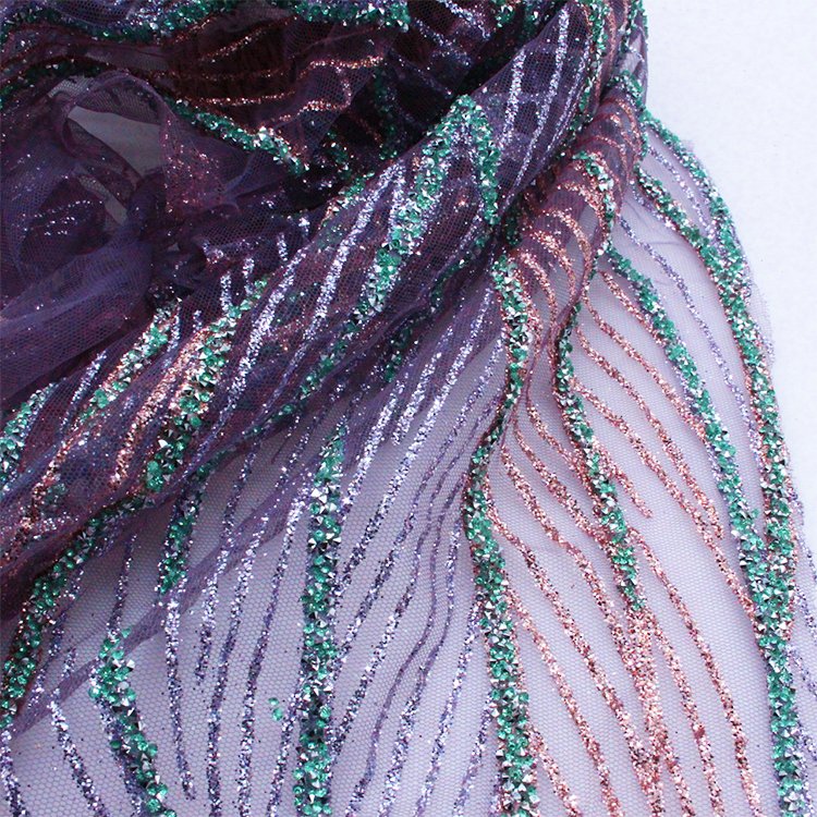 French 3D Glitter Fabric with Sequin Trim Embroidered Mesh Lace for Clothing Accessories