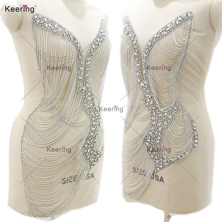 WDP-509 Keering New Arrivals Silver Crystal Trims Chain Design Wedding Dress Rhinestone Appliques Bodice For Dress