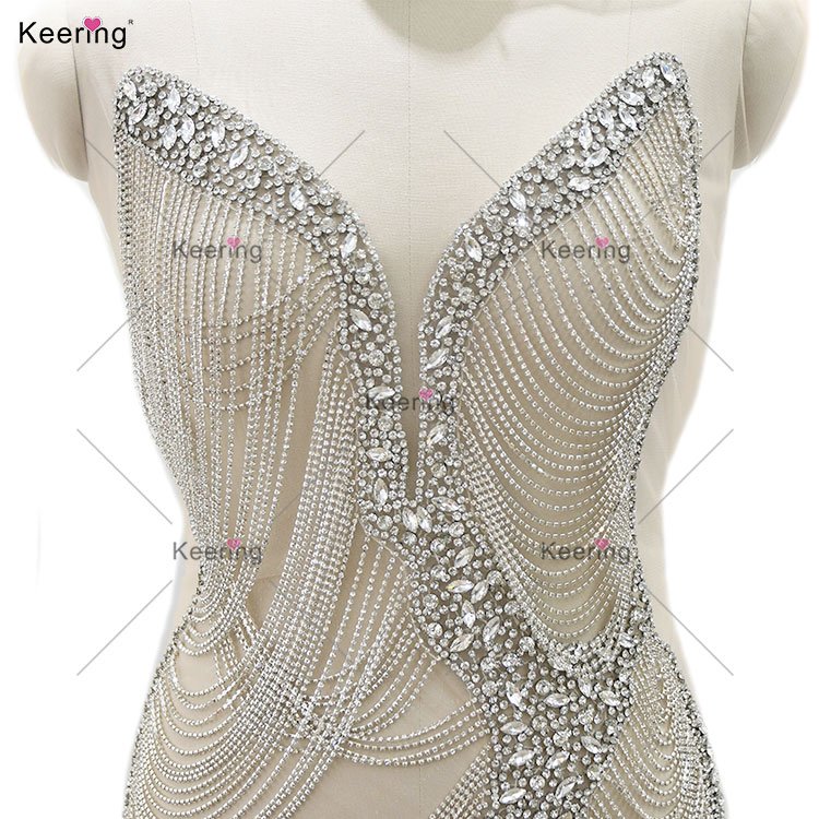 WDP-509 Keering New Arrivals Silver Crystal Trims Chain Design Wedding Dress Rhinestone Appliques Bodice For Dress