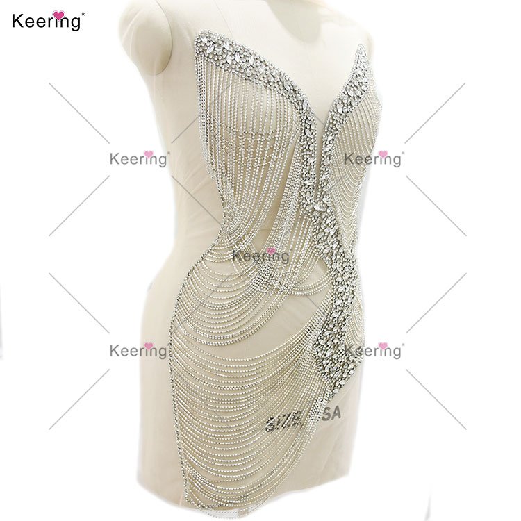 WDP-509 Keering New Arrivals Silver Crystal Trims Chain Design Wedding Dress Rhinestone Appliques Bodice For Dress