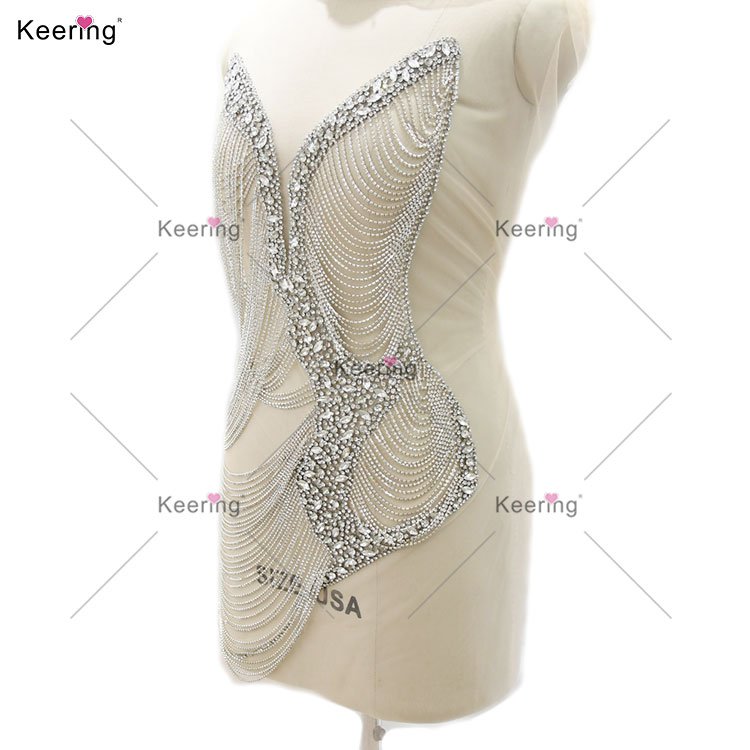 WDP-509 Keering New Arrivals Silver Crystal Trims Chain Design Wedding Dress Rhinestone Appliques Bodice For Dress