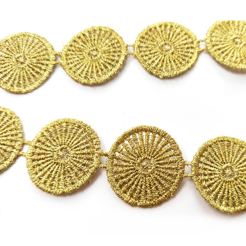 Wholesale round 25mm embroidery gold matelic lace trim guipure lace decorative ribbon for DIY neckchain clothing wedding dress