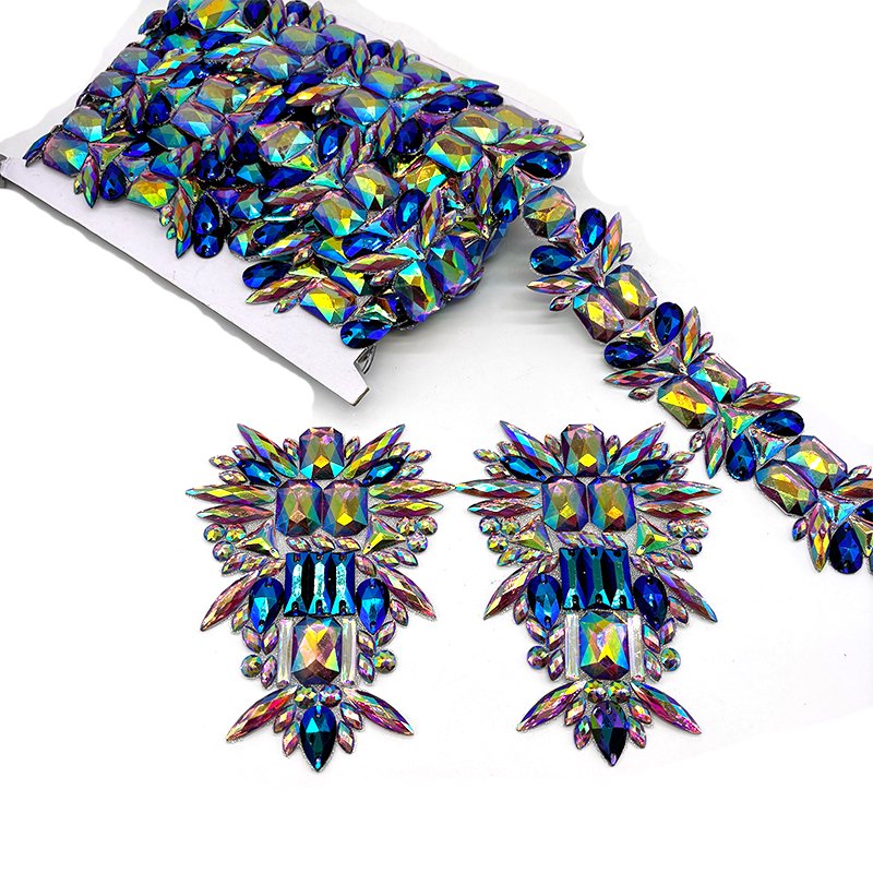 Customized color iron on rhinestone design applique trimming for Miami Carnival costume