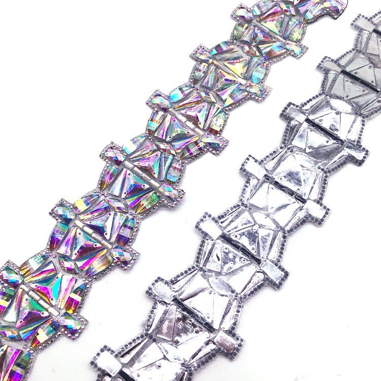 6cm Crystal AB Chunky Clustered Rhinestone Iron On Trim used on decorating hats or headpieces carnival costumes