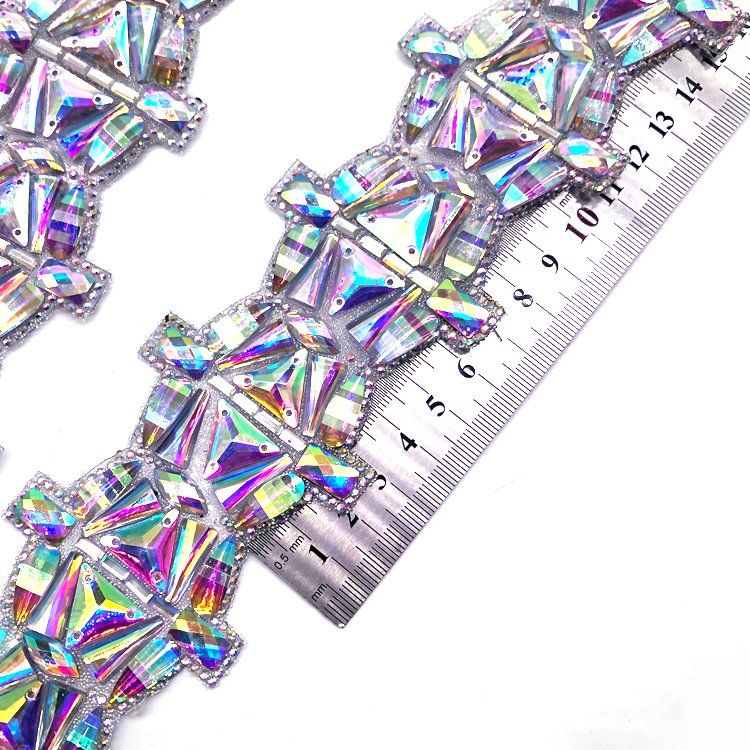 6cm Crystal AB Chunky Clustered Rhinestone Iron On Trim used on decorating hats or headpieces carnival costumes