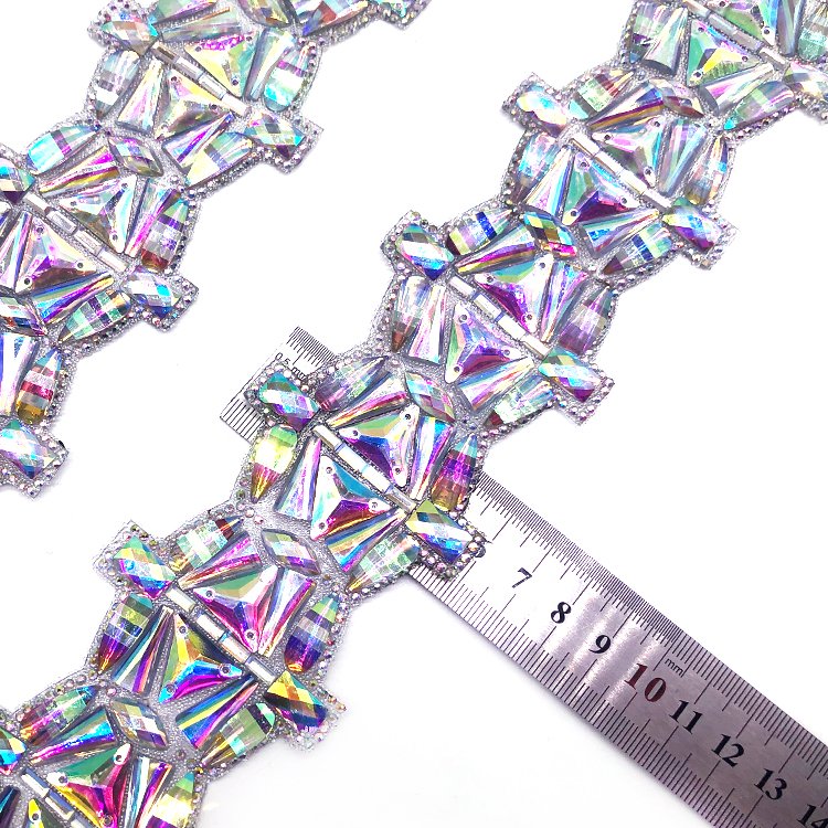 6cm Crystal AB Chunky Clustered Rhinestone Iron On Trim used on decorating hats or headpieces carnival costumes