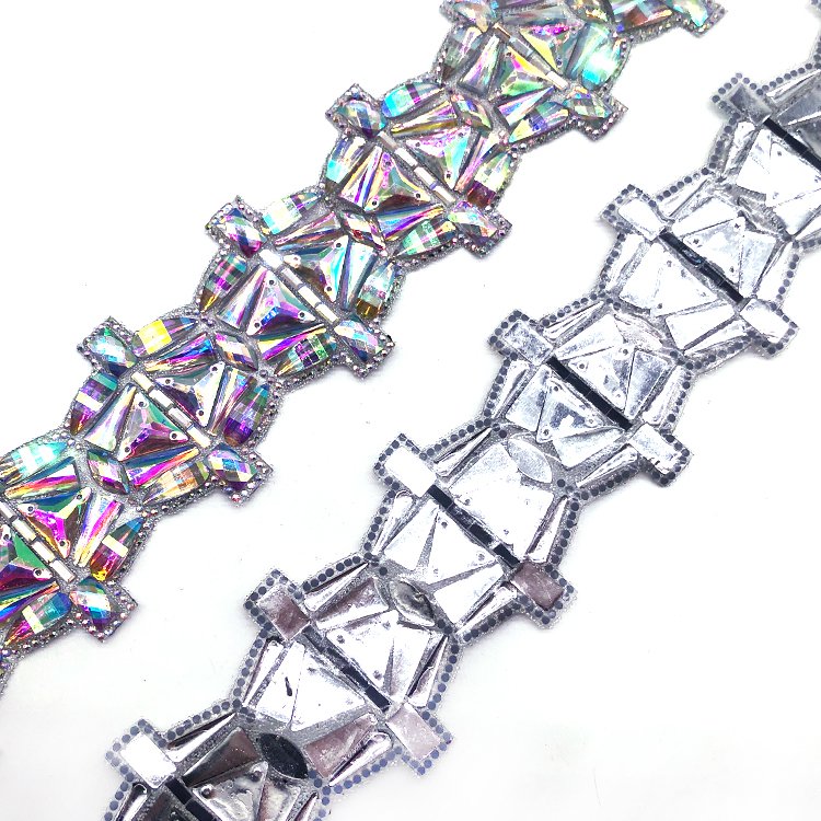 6cm Crystal AB Chunky Clustered Rhinestone Iron On Trim used on decorating hats or headpieces carnival costumes