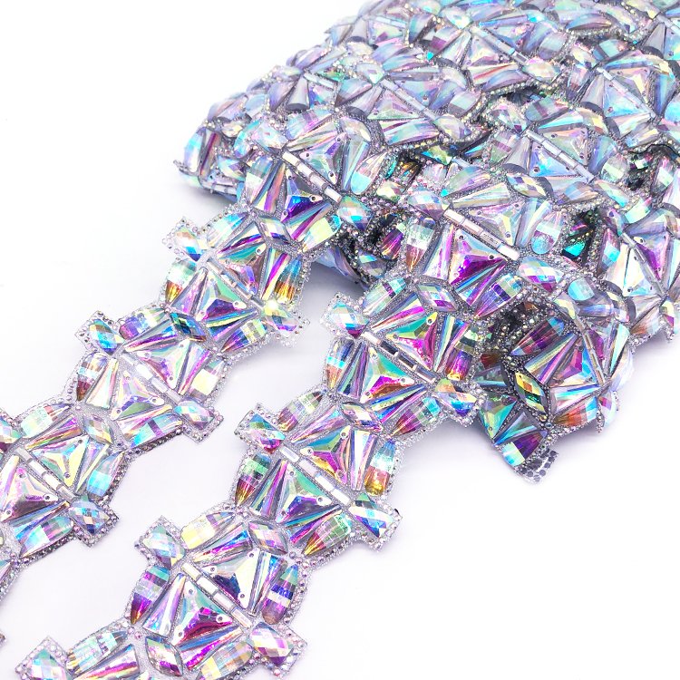 6cm Crystal AB Chunky Clustered Rhinestone Iron On Trim used on decorating hats or headpieces carnival costumes