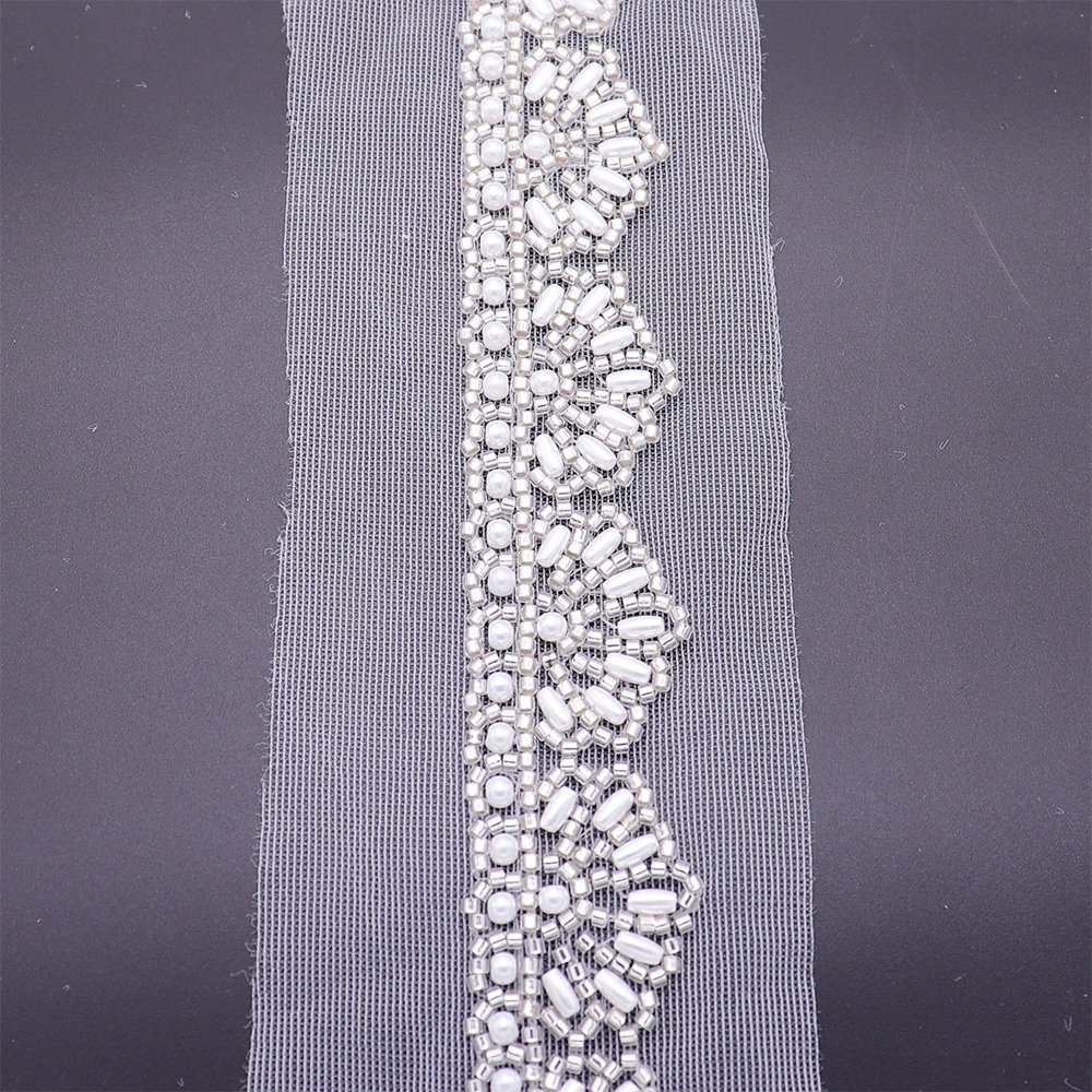 Beautiful Chinese Mesh Lace Trim Applique Pearls Beads Machine Embroidery Bridal Lace Trim