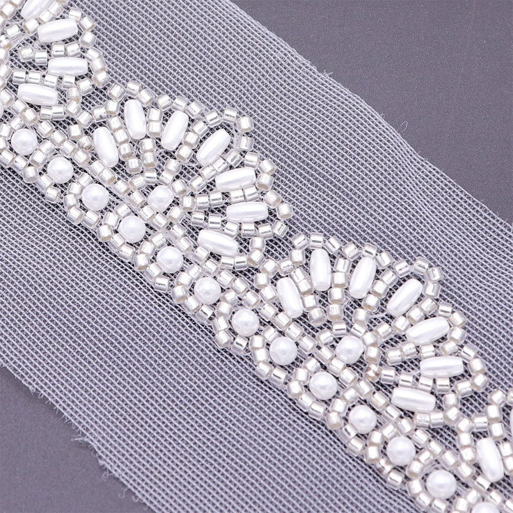 Beautiful Chinese Mesh Lace Trim Applique Pearls Beads Machine Embroidery Bridal Lace Trim