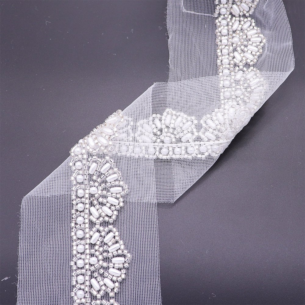 Beautiful Chinese Mesh Lace Trim Applique Pearls Beads Machine Embroidery Bridal Lace Trim