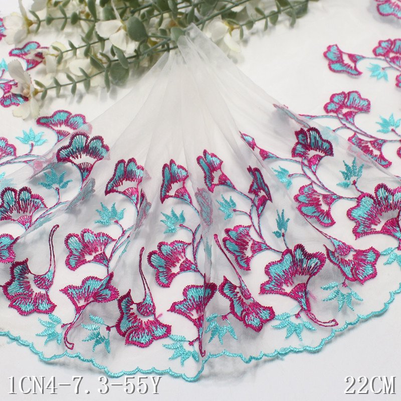 New Style 22cm white Tulle Embroidered Lace Trim multicolor Flower Embroidery Voile Lace fabric For Women Dress Lingerie