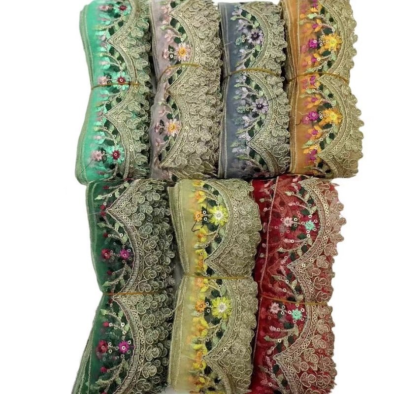 Hot sale 6cm sequins corded tulle lace Ribbon Flowers embroidered colorful cuff lace trim for dress clothing