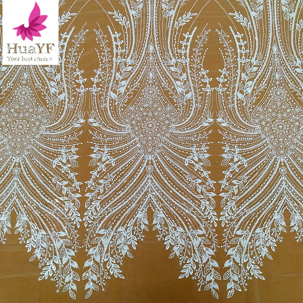 HY2953 New arrival pure white French pearl lace fabric wedding dress tulle lace trim