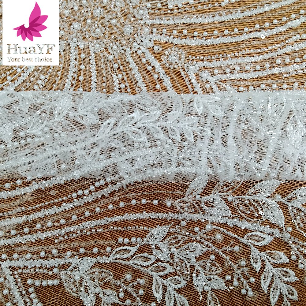 HY2953 New arrival pure white French pearl lace fabric wedding dress tulle lace trim