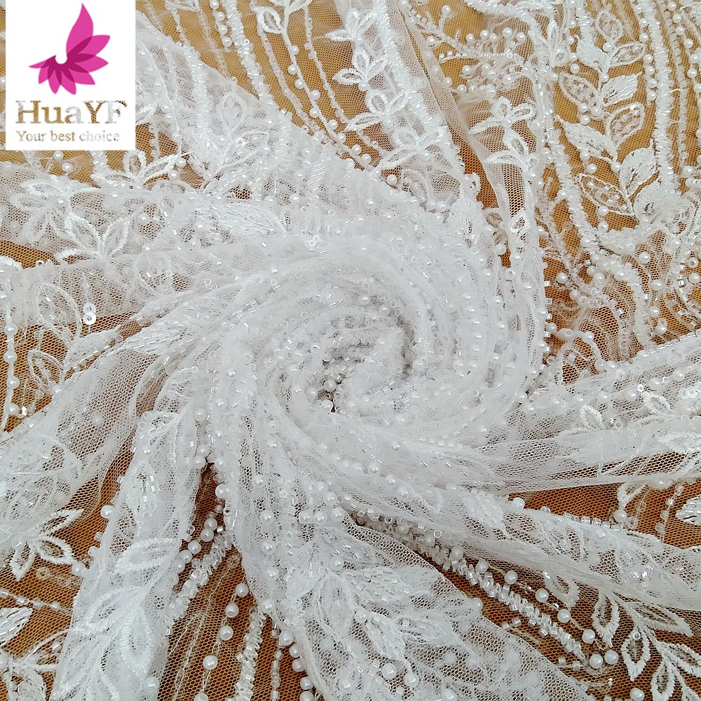 HY2953 New arrival pure white French pearl lace fabric wedding dress tulle lace trim