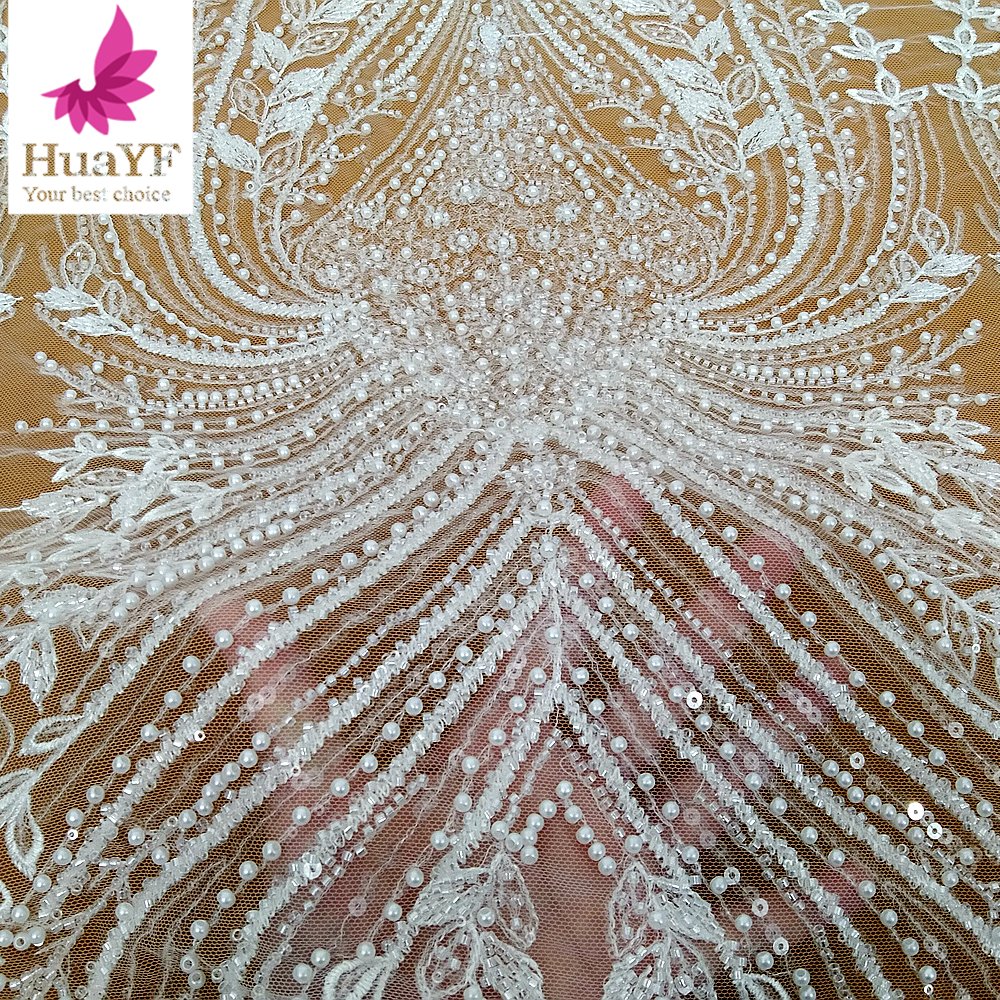 HY2953 New arrival pure white French pearl lace fabric wedding dress tulle lace trim
