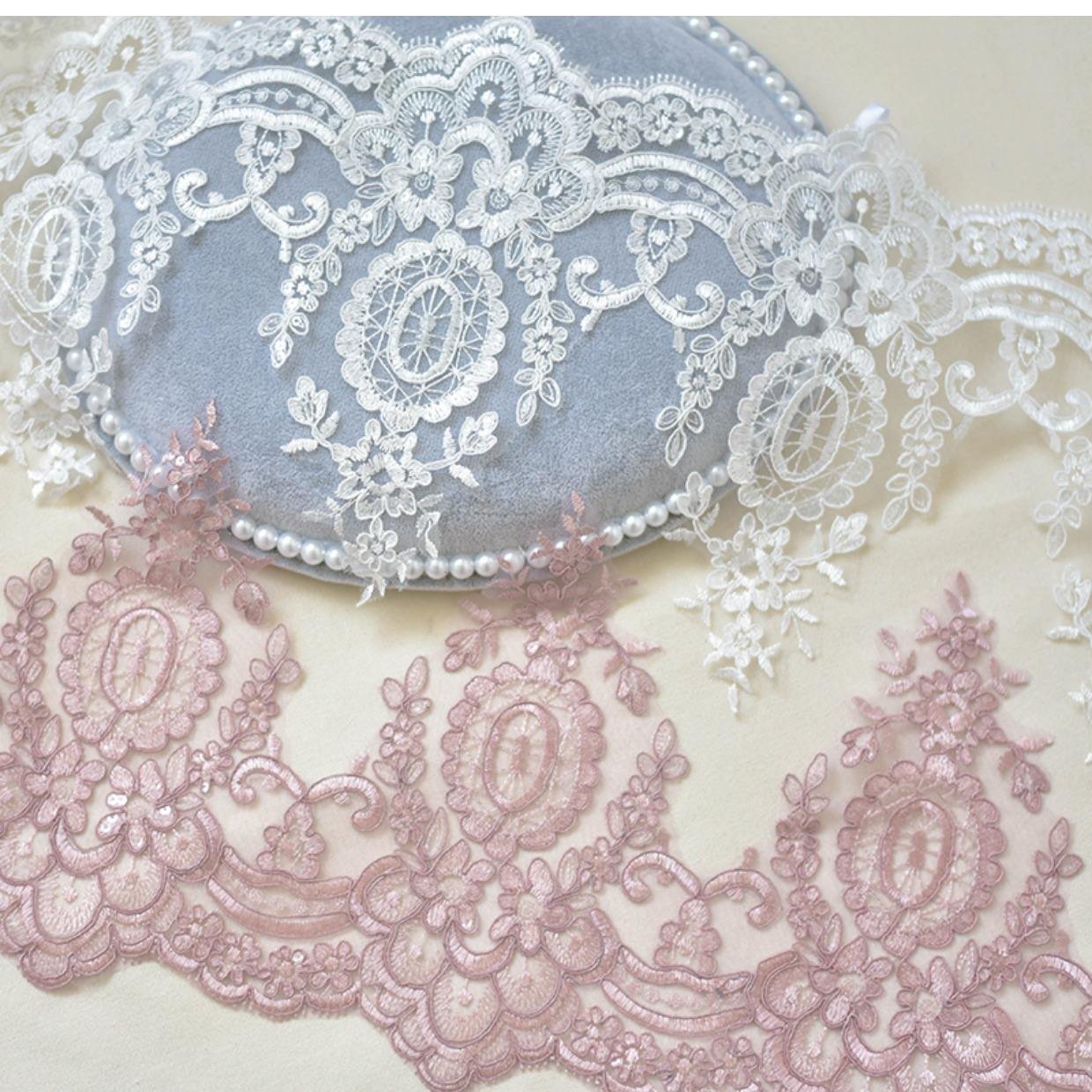 17 Cm Wide Polyester Guipure Embroidery Tulle Mesh Cording Sequin Fancy Border Lace Trimming