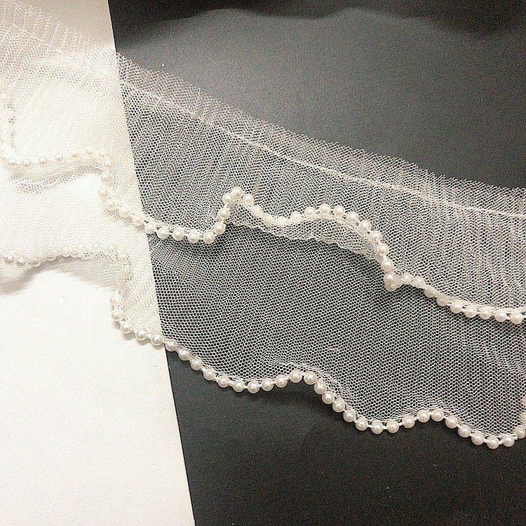 Wholesale embroidery decorative mesh ruffle pearl beaded border lace trim