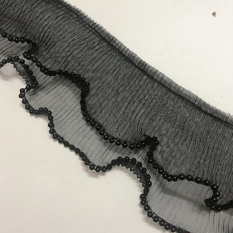 Wholesale embroidery decorative mesh ruffle pearl beaded border lace trim