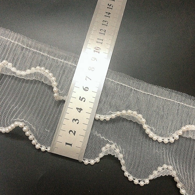 Wholesale embroidery decorative mesh ruffle pearl beaded border lace trim