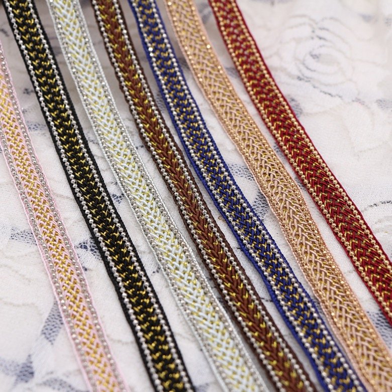 Fancy spun gold Metal beaded chain webbing trims Copper bead multi colors DIY clothing accessories