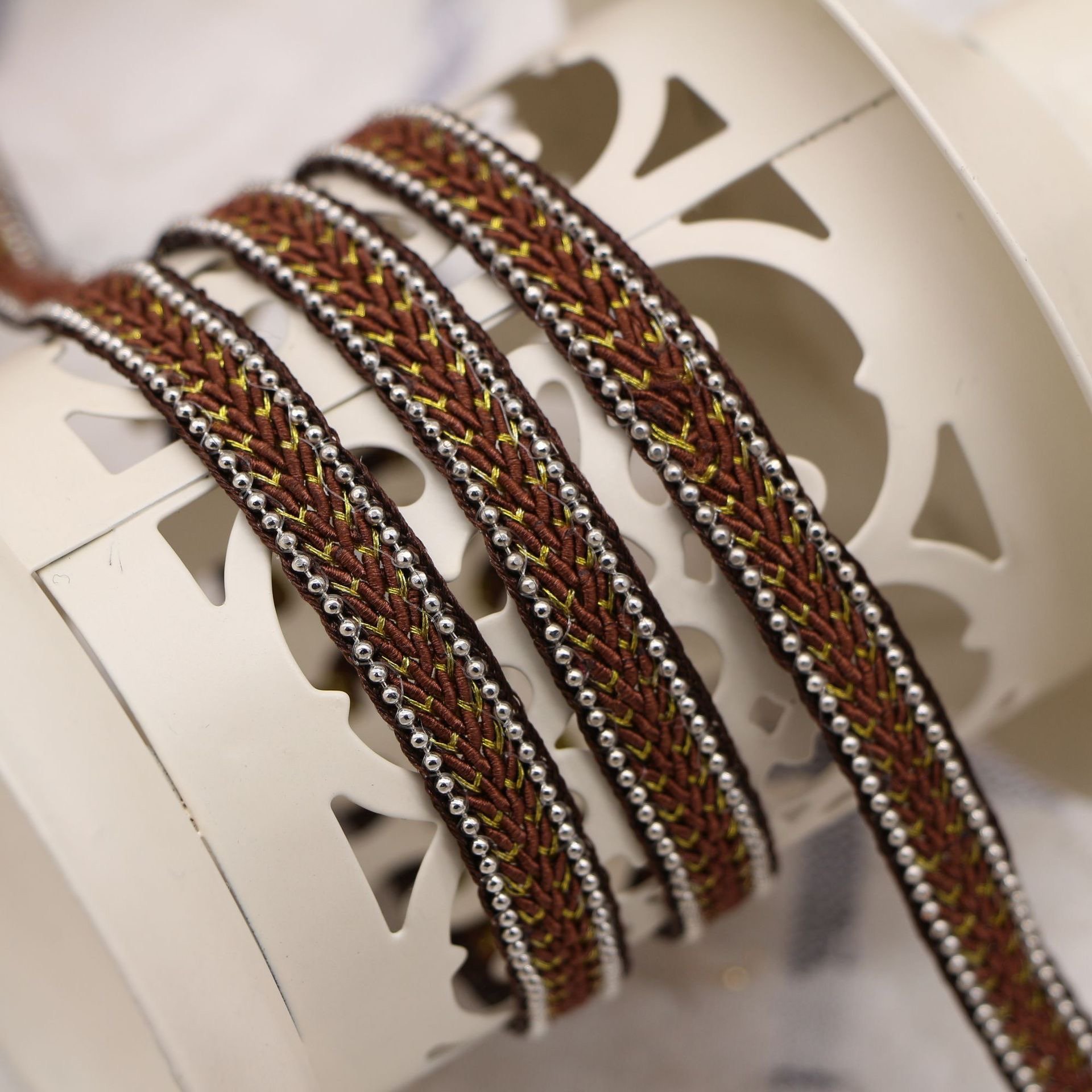 Fancy spun gold Metal beaded chain webbing trims Copper bead multi colors DIY clothing accessories