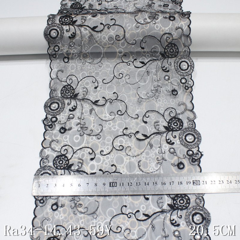 rhinestones lace 3d embroidery fabric 20cm black mesh lace with beads border lace trim