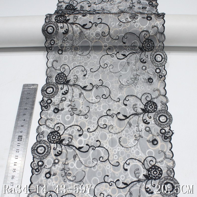 rhinestones lace 3d embroidery fabric 20cm black mesh lace with beads border lace trim