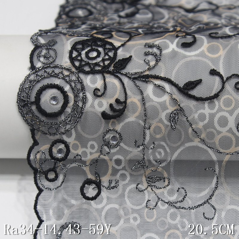 rhinestones lace 3d embroidery fabric 20cm black mesh lace with beads border lace trim