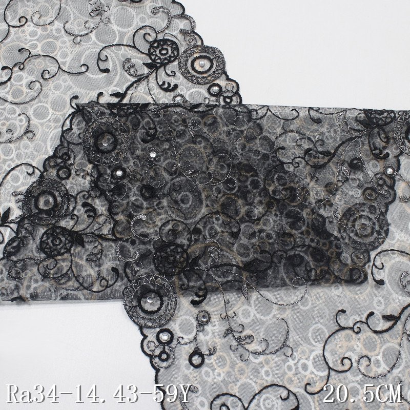rhinestones lace 3d embroidery fabric 20cm black mesh lace with beads border lace trim