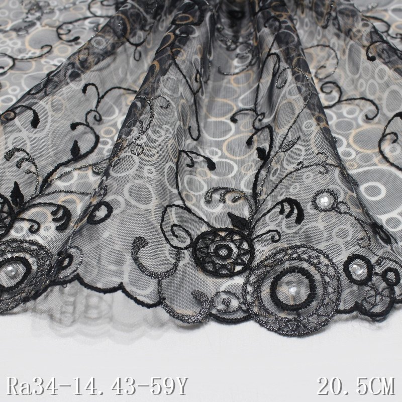 rhinestones lace 3d embroidery fabric 20cm black mesh lace with beads border lace trim