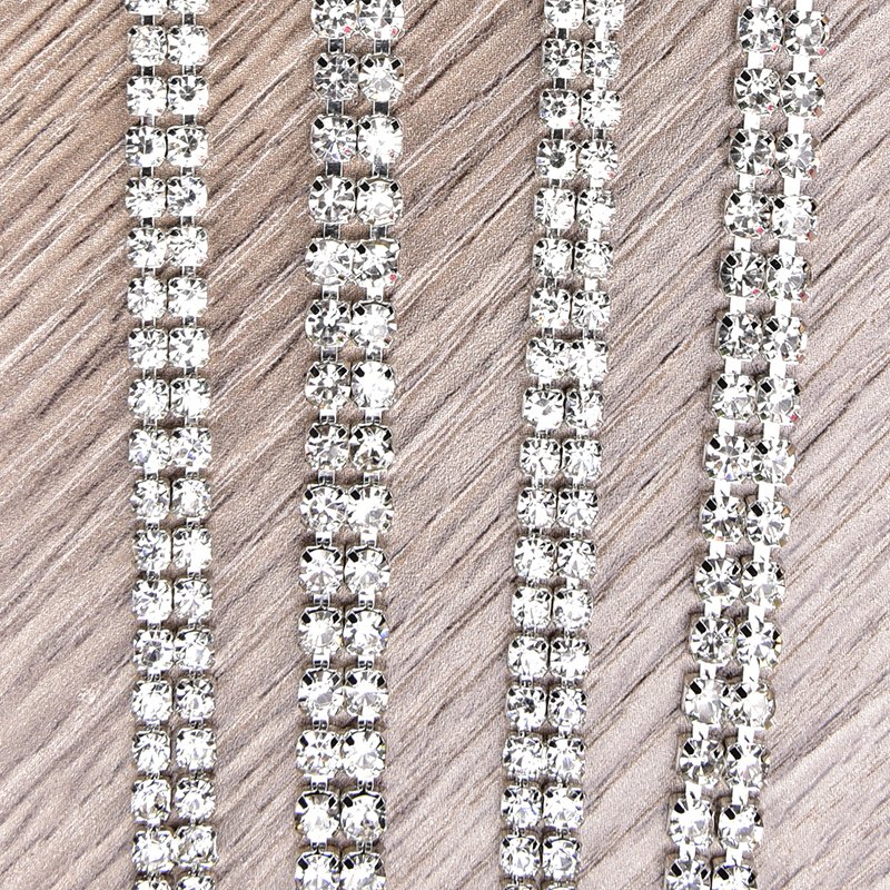 Silver Double Rows Sew On Rhinestone Cup Chain Strass Roll Trim with Glass Beads for Shoes Clothes Bags Decoration