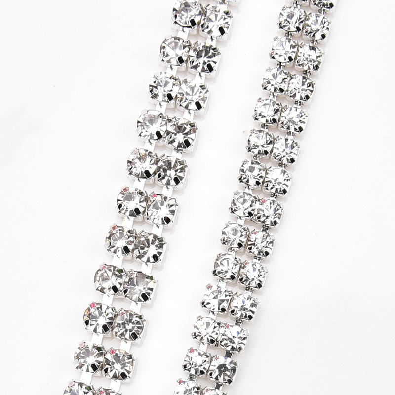 Silver Double Rows Sew On Rhinestone Cup Chain Strass Roll Trim with Glass Beads for Shoes Clothes Bags Decoration