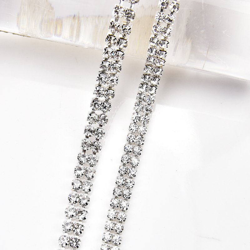 Silver Double Rows Sew On Rhinestone Cup Chain Strass Roll Trim with Glass Beads for Shoes Clothes Bags Decoration