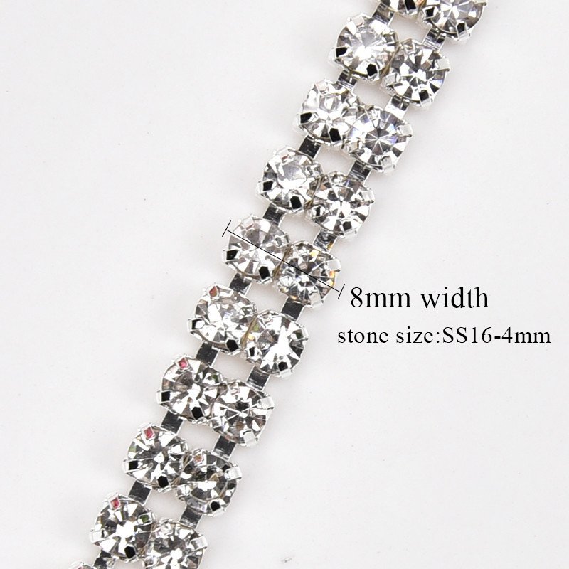 Silver Double Rows Sew On Rhinestone Cup Chain Strass Roll Trim with Glass Beads for Shoes Clothes Bags Decoration