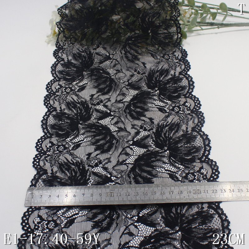 Hot Sale 23cm Black Stretch Border Lace Trim Fancy Flower Nylon Spandex Fabric Clothing Lingerie