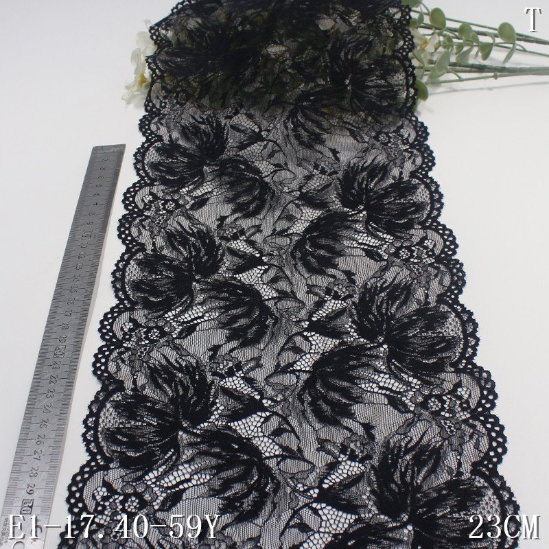 Hot Sale 23cm Black Stretch Border Lace Trim Fancy Flower Nylon Spandex Fabric Clothing Lingerie