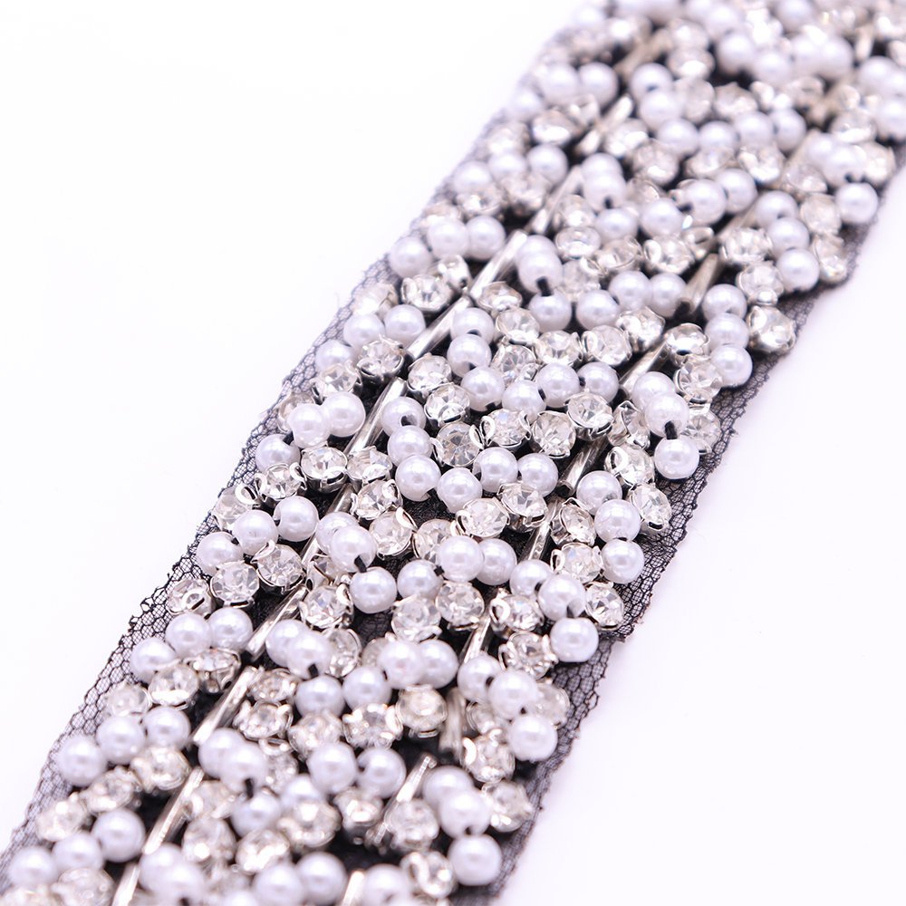 Luxury Black Lace Trim Hand Sewing Tubes Clothing Decorative Rhinestone Lace Trim With Plastic Pearls