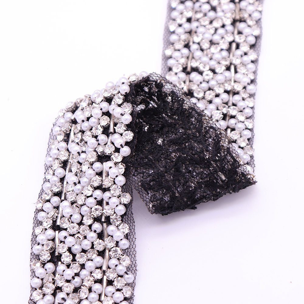 Luxury Black Lace Trim Hand Sewing Tubes Clothing Decorative Rhinestone Lace Trim With Plastic Pearls
