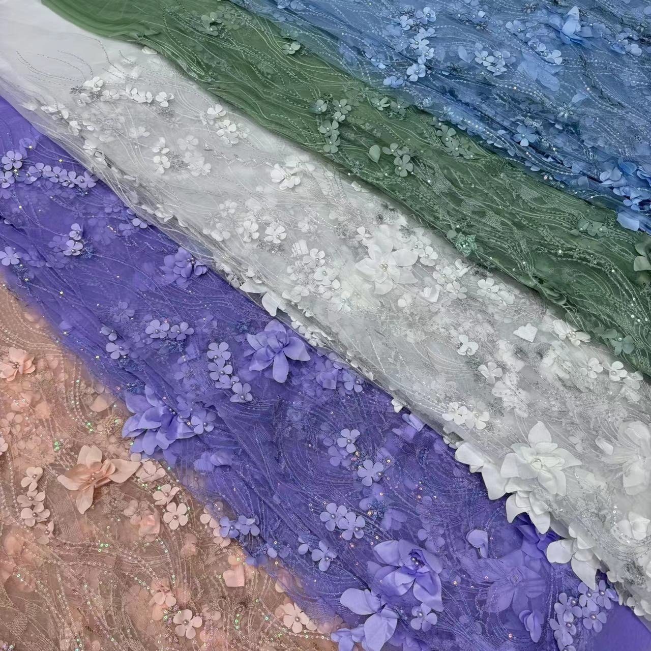 ZSY Lavender Appliques Sequence 3D Floral Net Fabric Glitter Beads Embroidery Lace Fabric
