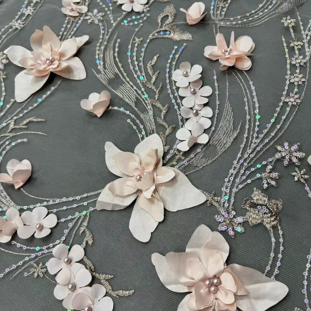 ZSY Lavender Appliques Sequence 3D Floral Net Fabric Glitter Beads Embroidery Lace Fabric