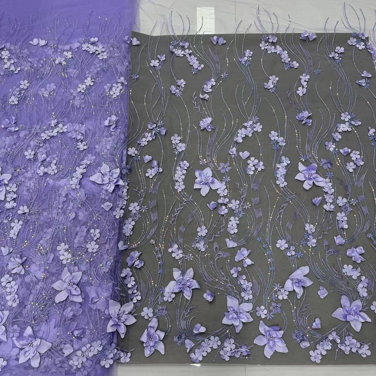 ZSY Lavender Appliques Sequence 3D Floral Net Fabric Glitter Beads Embroidery Lace Fabric