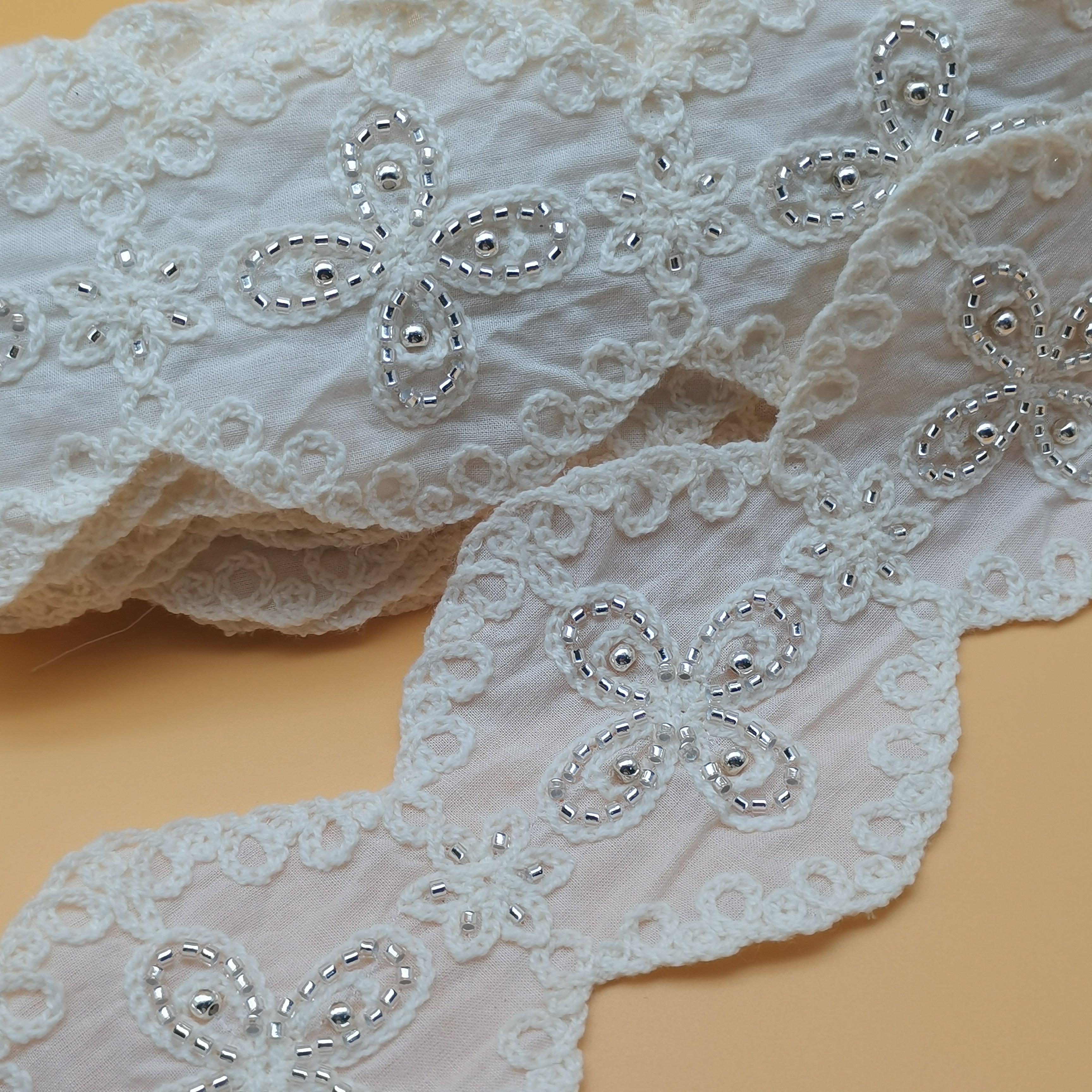 100% Cotton Customizable Beaded Lace Trim Embroidery Fabric Elegant Dress & Clothes Trimmed with Beautiful Beaded Lace