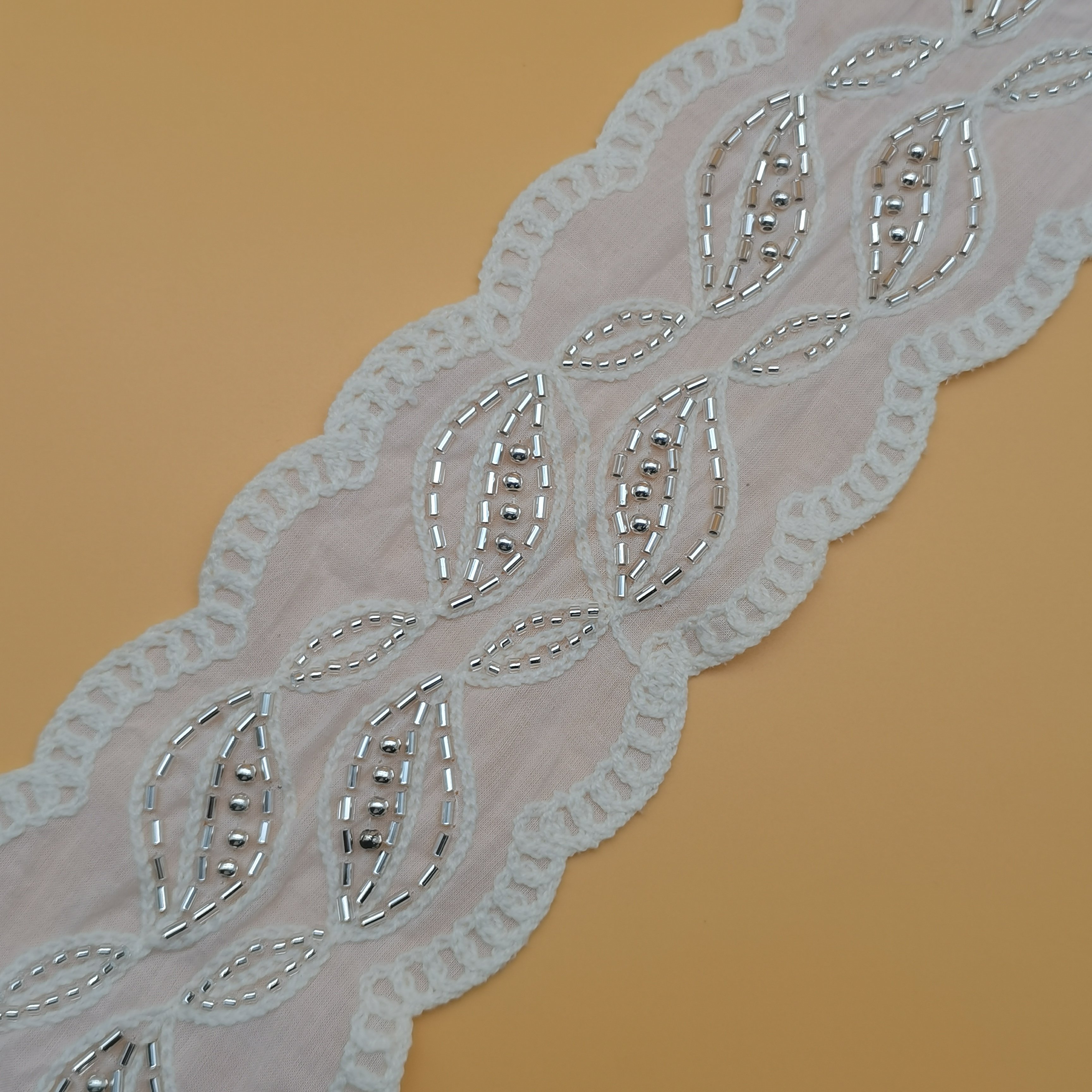 100% Cotton Customizable Beaded Lace Trim Embroidery Fabric Elegant Dress & Clothes Trimmed with Beautiful Beaded Lace