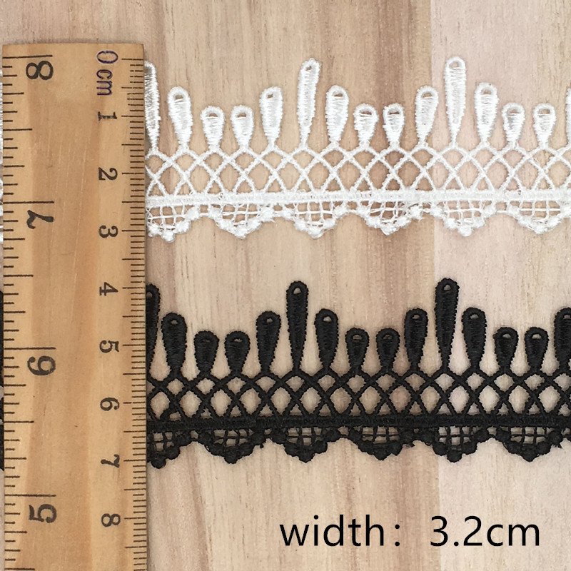 High quality 32mm polyester white hollow embroidery guipure fringe lace trim black sew ribbon for Bridal Dress clothing LWS31