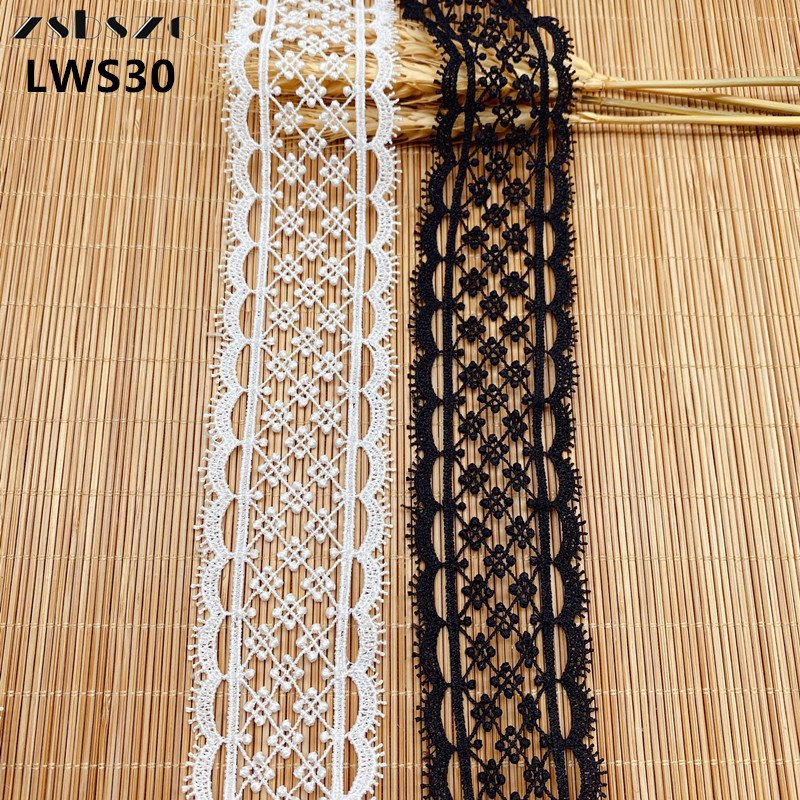 High quality 32mm polyester white hollow embroidery guipure fringe lace trim black sew ribbon for Bridal Dress clothing LWS31
