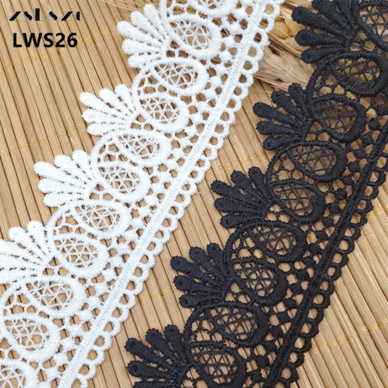 High quality 32mm polyester white hollow embroidery guipure fringe lace trim black sew ribbon for Bridal Dress clothing LWS31